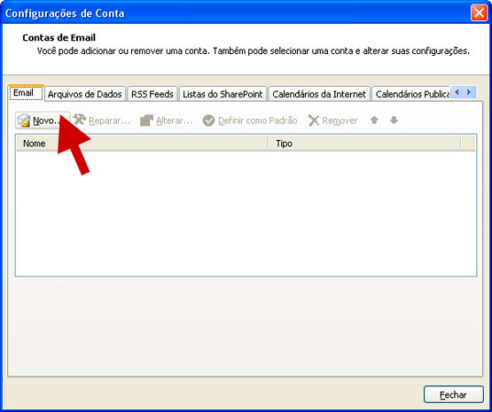 Clique no botão NOVO para adicionar uma nova conta