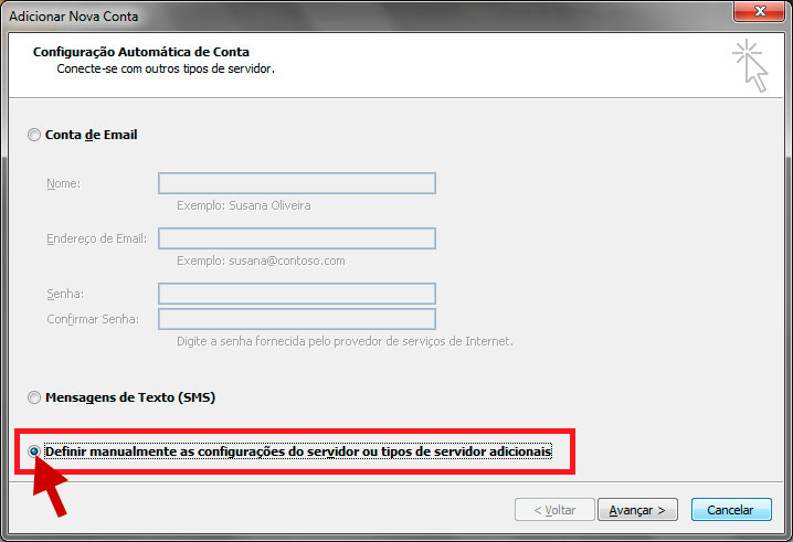 Clique na opção para definir manualmente as configurações