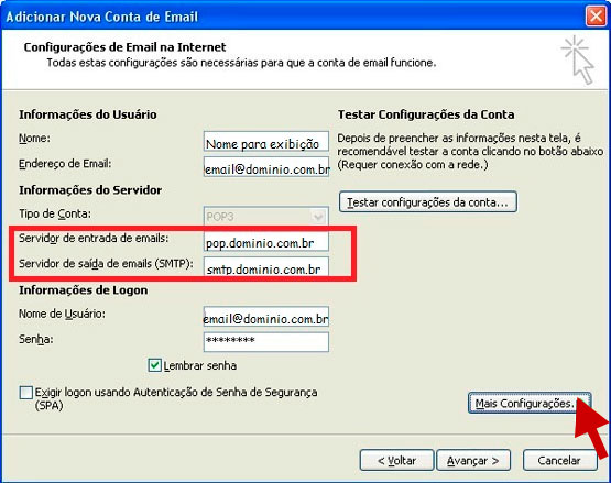 Preencha as informações e clique em Mais Configurações