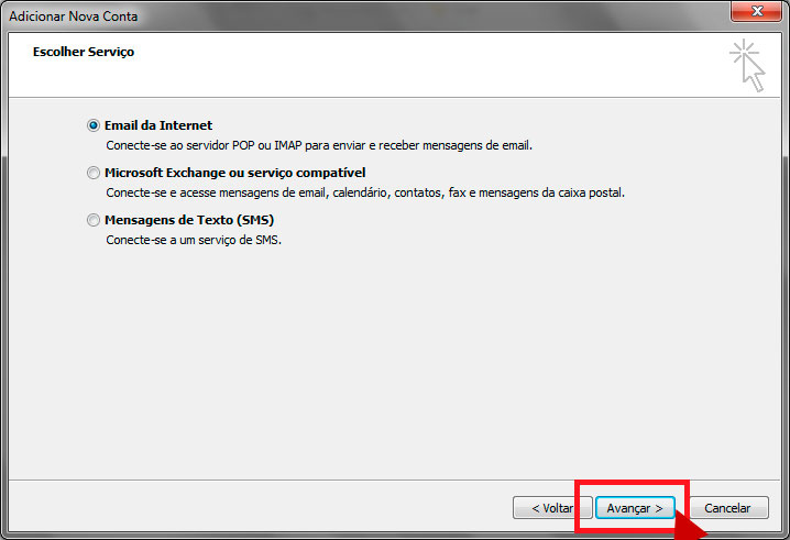 Selecione a opção E-mail da Internet