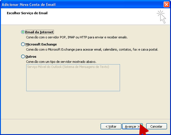 Selecione a opção e-mail da internet