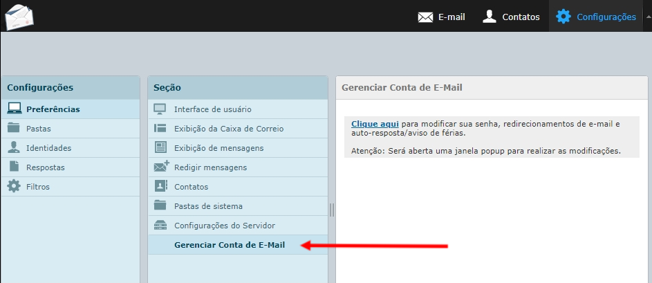Clique em Gerenciar Conta de E-mail